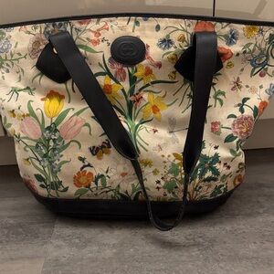 Vintage Gucci Floral Canvas Tote with Navy Leather Accents (Early 80’s)